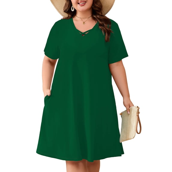 SHOWMALL Plus Size Short Sleeve Summer Dress for Women, Mother's Day Self-Care Gift, Green 3X Trendy Strappy Neckline Dress with Pockets for Party