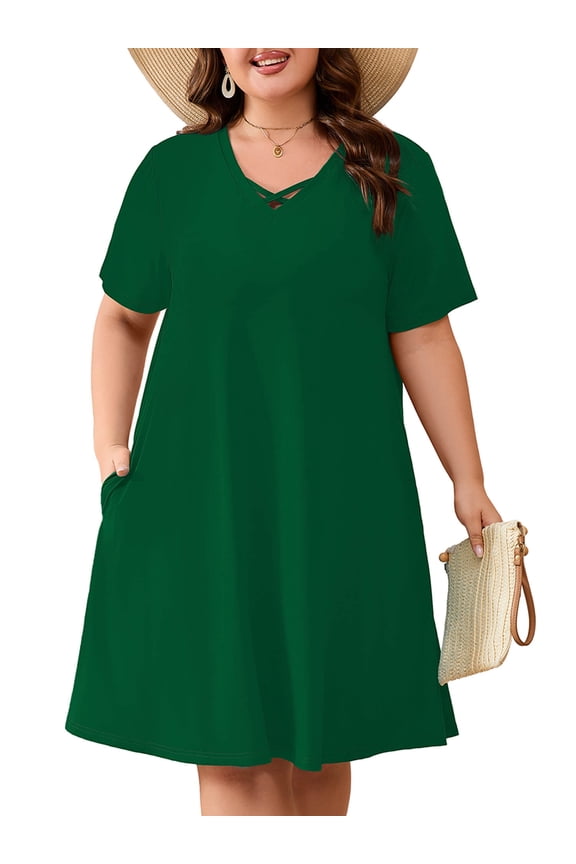 Plus Size Short Sleeve Summer Dress for Women, Mother's Day Self-Care Gift, Green 3X Trendy Strappy Neckline Dress with Pockets for Party