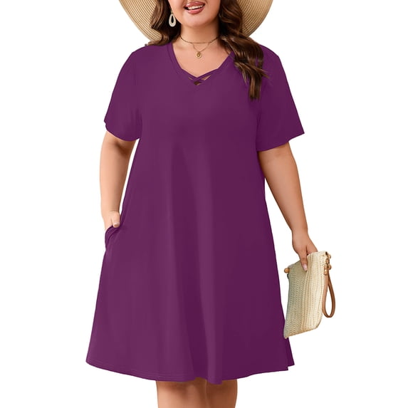 SHOWMALL Plus Size Short Sleeve Summer Dress for Women, Trendy Cross Strappy Neckline Dress with Pockets, Purple 1X Lightweight Vacation Beach Dress