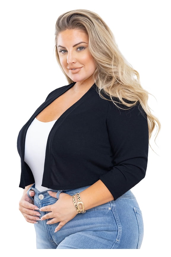 Plus Size Shrug Women Bolero 3/4 Sleeve Navy Blue 1X Lightweight Knit Sweaters Tops Cropped Cardigan Open Front Clothes for Evening dresses