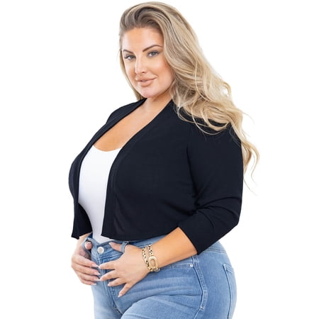 SHOWMALL Plus Size Shrug Women Bolero 3/4 Sleeve Navy Blue 2X Lightweight Knit Sweaters Tops Cropped Cardigan Open Front Clothes for Evening dresses