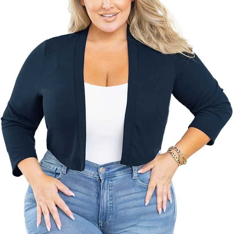 Showmall Plus Size Navy Blue Lightweight Knit Cropped Cardigan