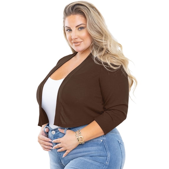 SHOWMALL Plus Size Shrugs for Women 3/4 Sleeve Coffee 3X Lightweight Tops Open Front Knit Shrug Cropped Cardigan Sweater Bolero Coat for Evening dresses