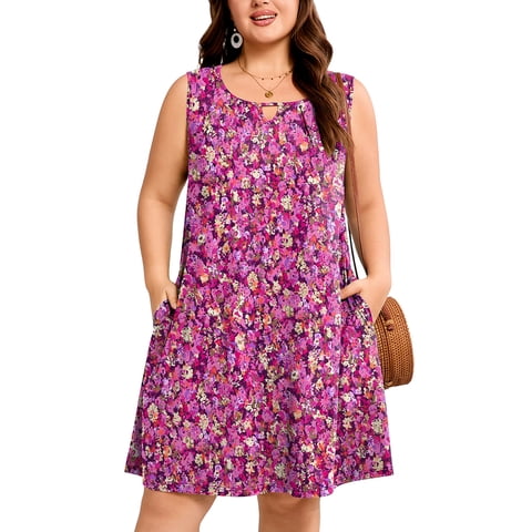 SHOWMALL Plus Size Sleeveless Summer Dress for Women, Keyhole Cutout Pleated Neck Purple Wildflower Cluster 3X A-Line Dress with Pockets, Soft Casual Sun Dress
