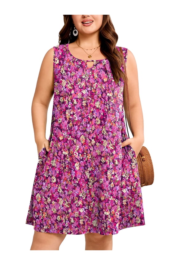 Plus Size Sleeveless Summer Dress for Women, Keyhole Cutout Pleated Neck Purple Wildflower Cluster 5X A-Line Dress with Pockets, Soft Casual Sun Dress