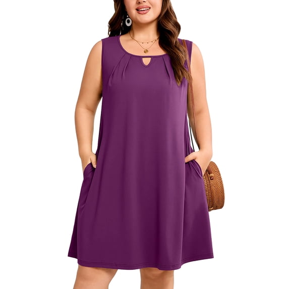 SHOWMALL Plus Size Sleeveless Summer Dress for Women, Keyhole Cutout Pleated Neck Purple 5X A-Line Dress with Pockets, Soft Casual Sun Dress