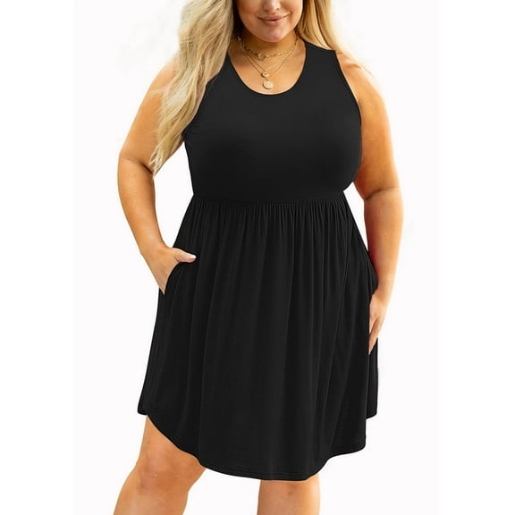 SHOWMALL Plus Size Summer Dress for Women Black 2X Casual Sleeveless Crewneck Flowy Pleated Sun Beach Boho Elegant Girls Babydoll Swing Dresses with Pockets