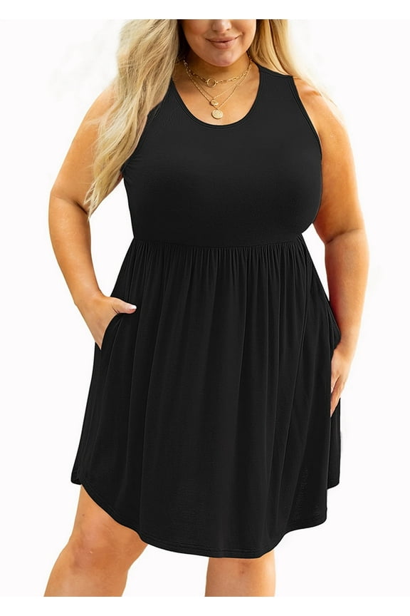 Plus Size Summer Dress for Women Black 3X Casual Sleeveless Crewneck Flowy Pleated Sun Beach Boho Elegant Girls Babydoll Swing Dresses with Pockets