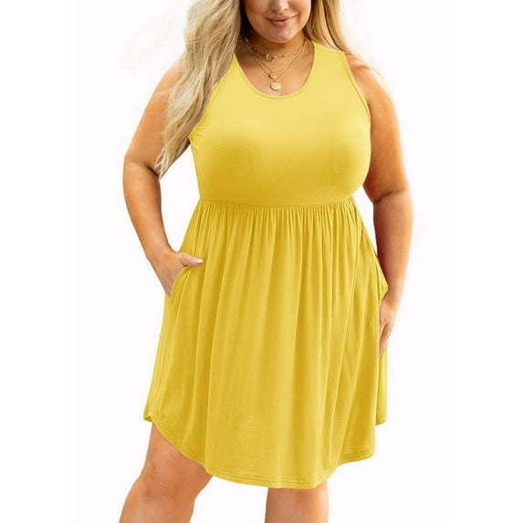 SHOWMALL Plus Size Summer Dress for Women Bright Yellow 2X Casual Sleeveless Scoop Neck Flowy Dress Sun Beach Boho Elegant Girls Babydoll Swing Dresses with Pockets