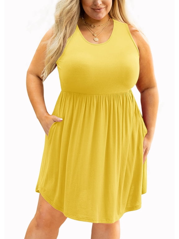Plus Size Summer Dress for Women Bright Yellow Casual Sleeveless Scoop Neck Flowy Dress Sun Beach Boho Elegant Girls Babydoll Swing Dresses with Pockets