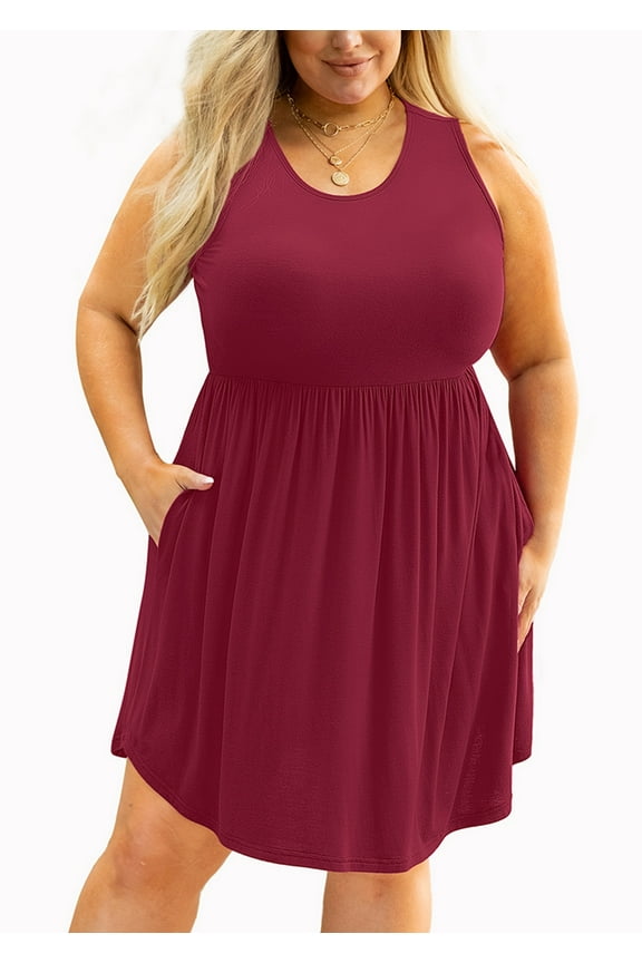 Plus Size Summer Dress for Women Burgundy 3X Casual Sleeveless Crewneck Flowy Pleated Sun Beach Boho Elegant Girls Babydoll Swing Dresses with Pockets