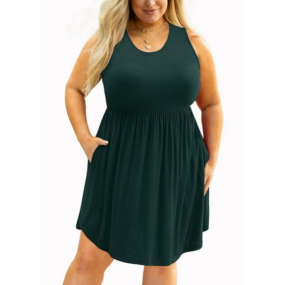 SHOWMALL Plus Size Summer Dress for Women Dark Green 3X Casual Sleeveless Crewneck Flowy Pleated Sun Beach Boho Elegant Girls Babydoll Swing Dresses with Pockets