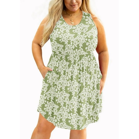 SHOWMALL Plus Size Summer Dress for Women Green Roses 4X Casual Sleeveless Crewneck Flowy Pleated Sun Beach Boho Elegant Girls Babydoll Swing Dresses with Pockets