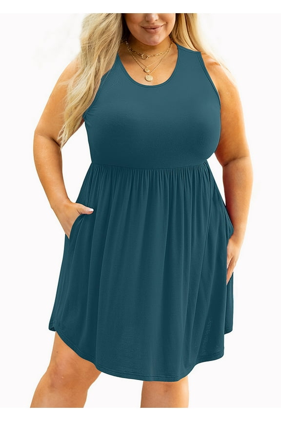 Plus Size Summer Dress for Women Lake Blue 3X Casual Sleeveless Crewneck Flowy Pleated Sun Beach Boho Elegant Girls Babydoll Swing Dresses with Pockets