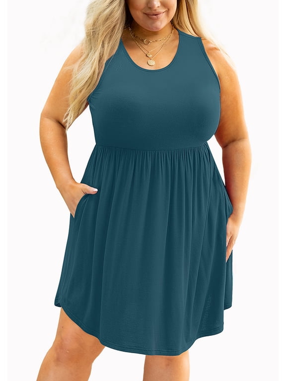 Plus Size Summer Dress for Women Lake Blue Casual Sleeveless Crewneck Flowy Pleated Sun Beach Boho Elegant Girls Babydoll Swing Dresses with Pockets