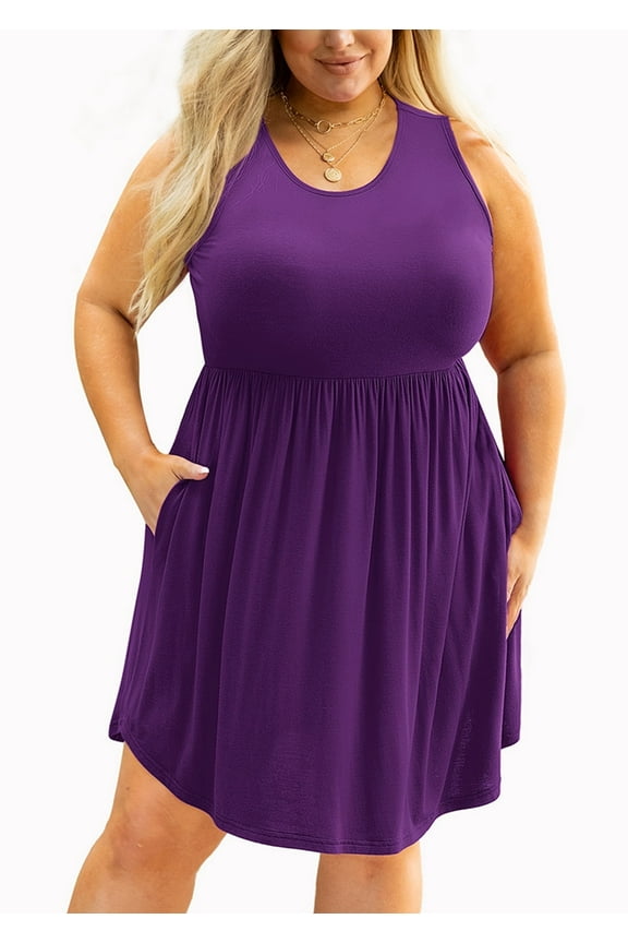 Plus Size Summer Dress for Women Purple 3X Casual Sleeveless Crewneck Flowy Pleated Sun Beach Boho Elegant Girls Babydoll Swing Dresses with Pockets