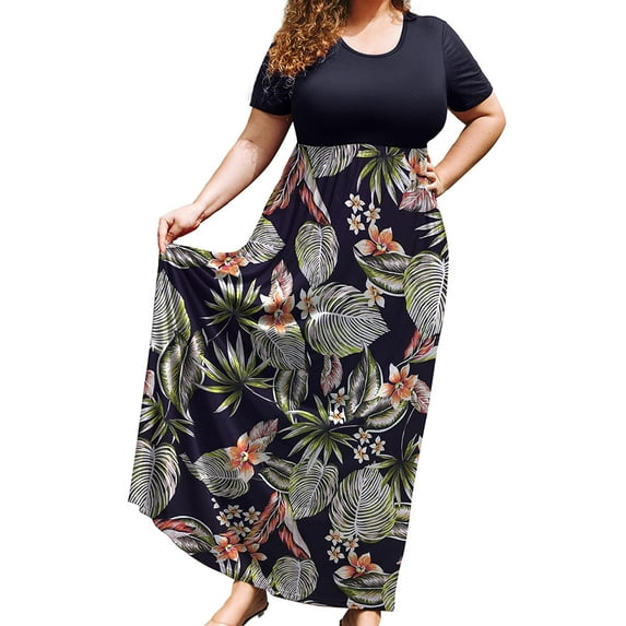 SHOWMALL Plus Size Summer Maxi Dress for Women Colorful Big Leaves 3X Short Sleeve Crewneck Casual Beach Bohemian Full-Length Long Sun Dresses with Pockets