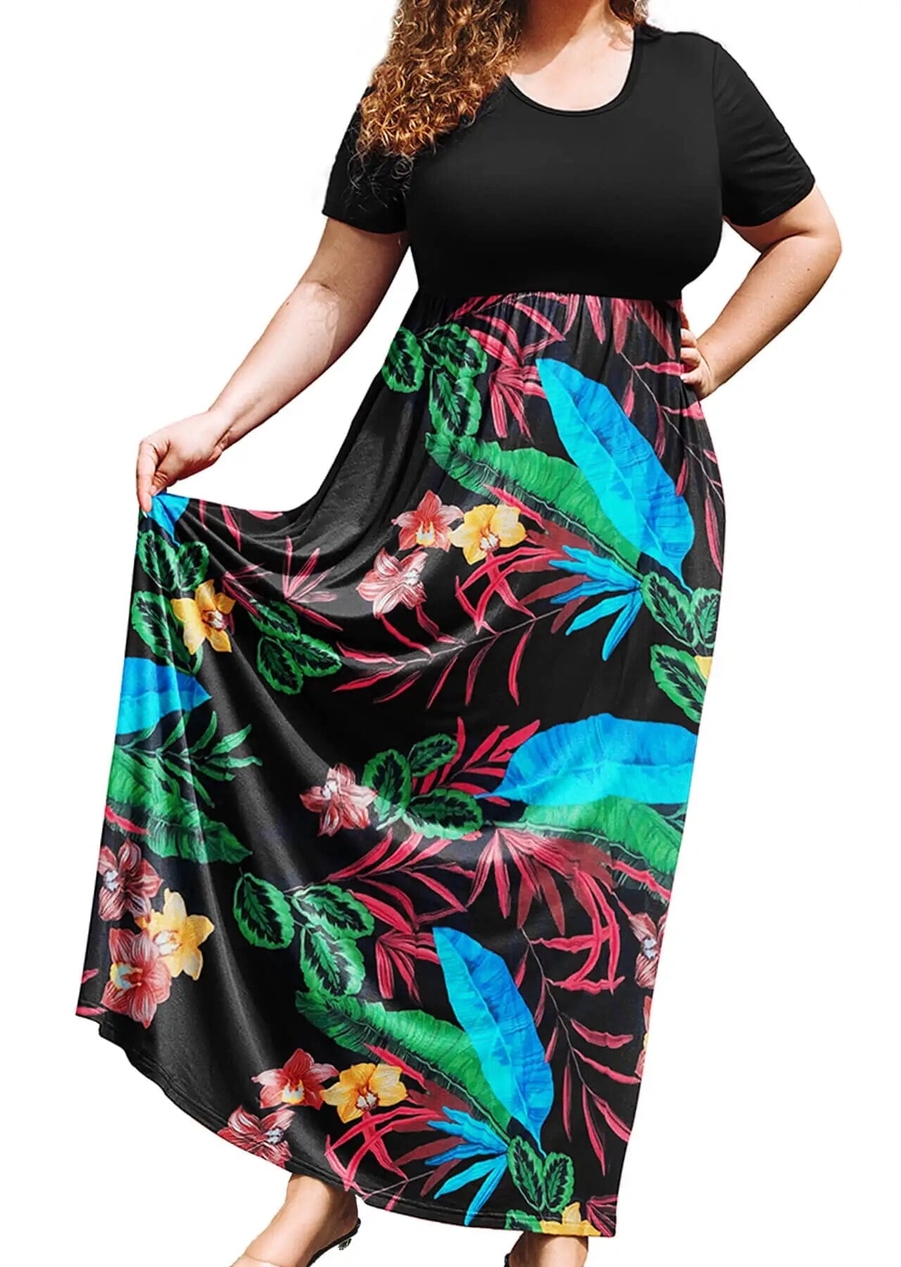 SHOWMALL Plus Size Summer Maxi Dress for Women Colorful Island 1X Short