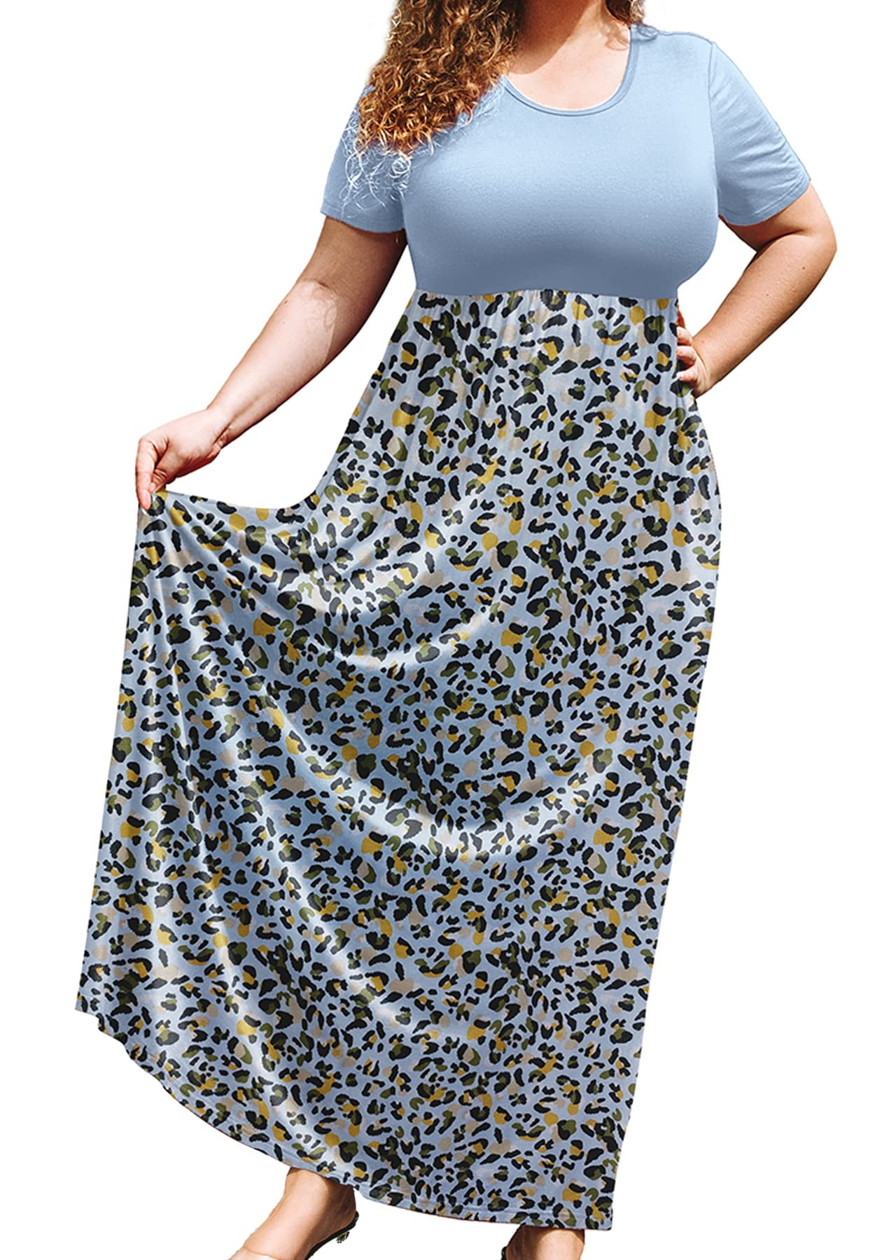 SHOWMALL Plus Size Summer Maxi Dress for Women Colorful Leopard Spots 3X  Short Sleeve Crewneck Casual Beach Bohemian Full-Length Long Sun Dresses  with Pockets