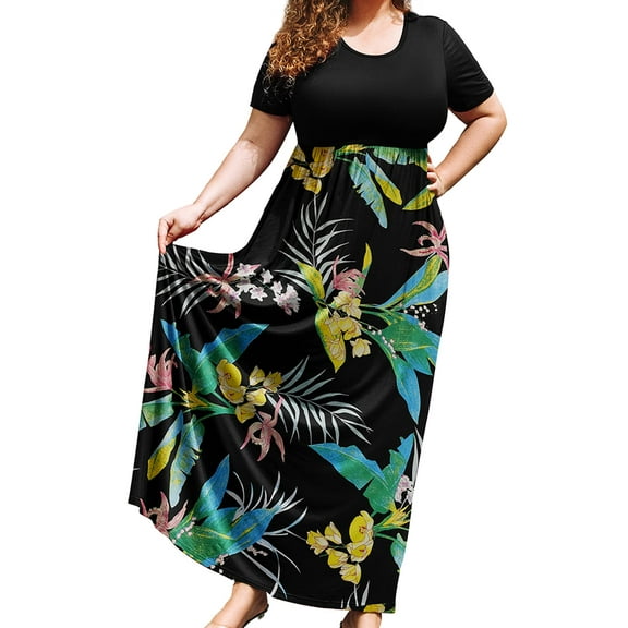 SHOWMALL Plus Size Summer Maxi Dress for Women Colorful Plantain 1X Short Sleeve Crewneck Casual Beach Bohemian Full-Length Long Sun Dresses with Pockets