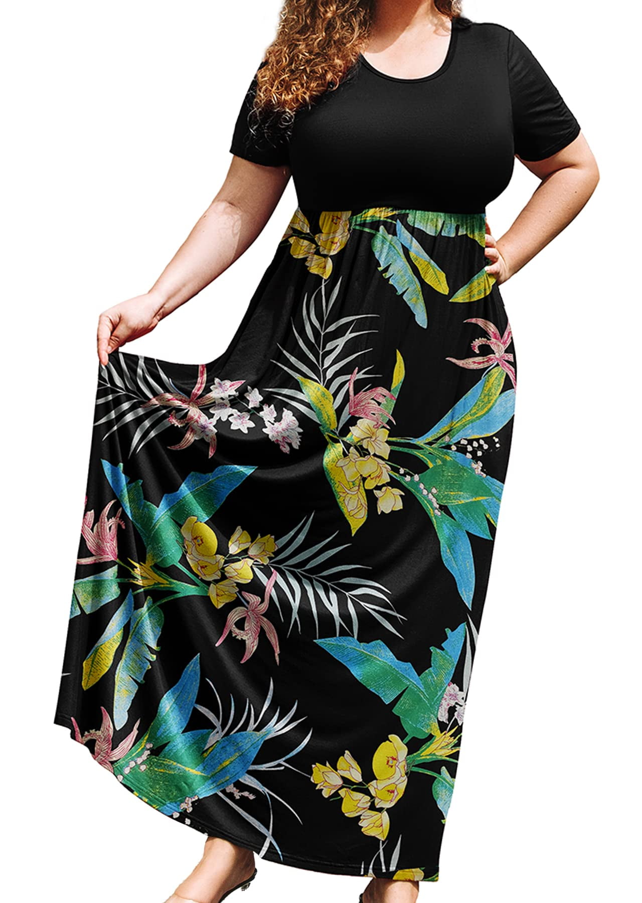 SHOWMALL Plus Size Summer Maxi Dress for Women Colorful Plantain 2X Short  Sleeve Crewneck Casual Beach Bohemian Full-Length Long Sun Dresses with