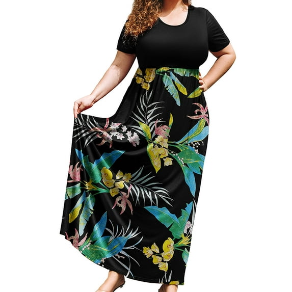 SHOWMALL Plus Size Summer Maxi Dress for Women Colorful Plantain 2X Short Sleeve Crewneck Casual Beach Bohemian Full-Length Long Sun Dresses with Pockets
