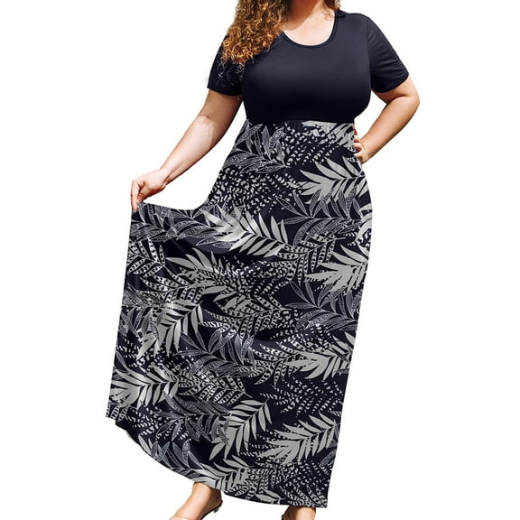 SHOWMALL Plus Size Summer Maxi Dress for Women Colorful Shadow Leaves 3X Short Sleeve Crewneck Casual Beach Bohemian Full-Length Long Sun Dresses with Pockets