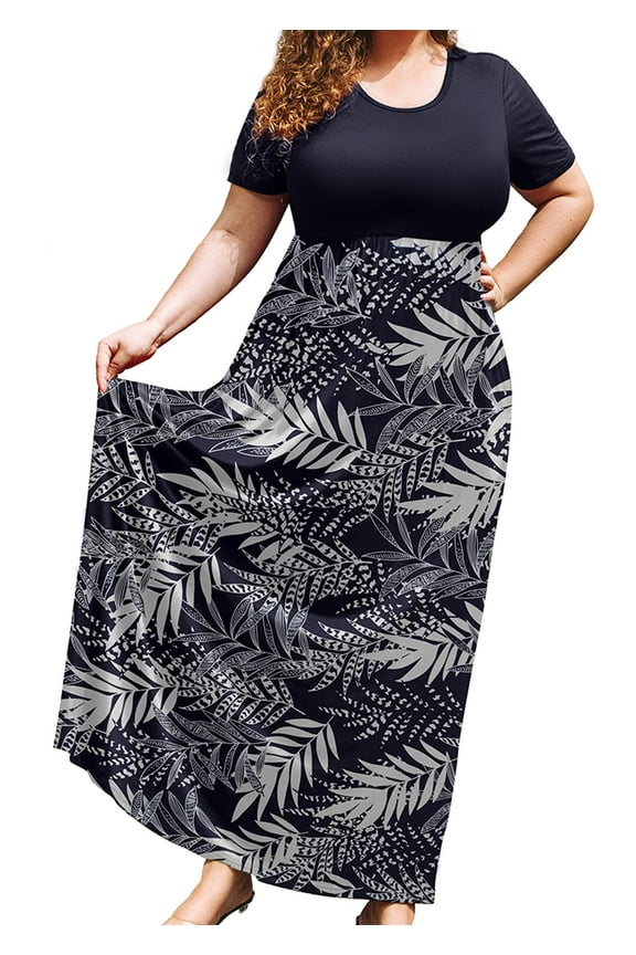 Plus Size Summer Maxi Dress for Women Colorful Shadow Leaves 3X Short Sleeve Crewneck Casual Beach Bohemian Full-Length Long Sun Dresses with Pockets