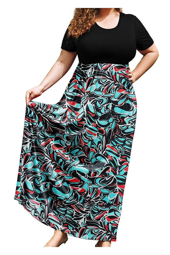 Plus Size Summer Maxi Dress for Women Cyber Neon Abstract Floral 2X Short Sleeves Crewneck Casual Bohemian Beach Dress Full-Length Floral Long Sun Dresses with Pockets