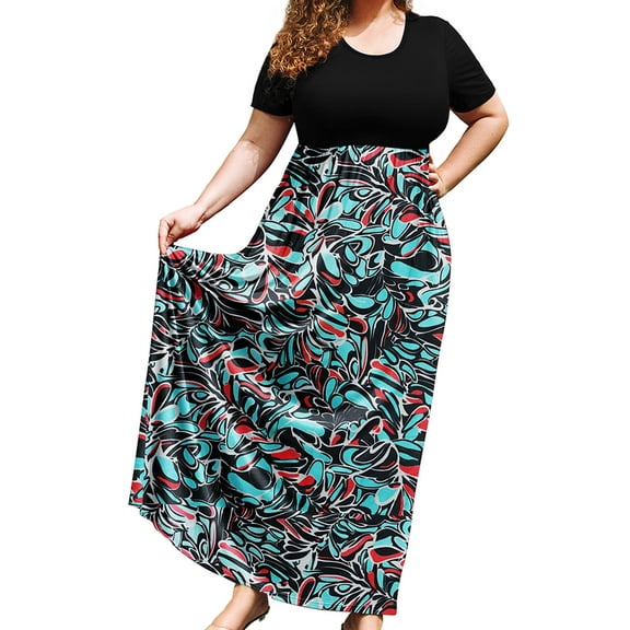 SHOWMALL Plus Size Summer Maxi Dress for Women Cyber Neon Abstract Floral 3X Short Sleeves Crewneck Casual Bohemian Beach Dress Full-Length Floral Long Sun Dresses with Pockets