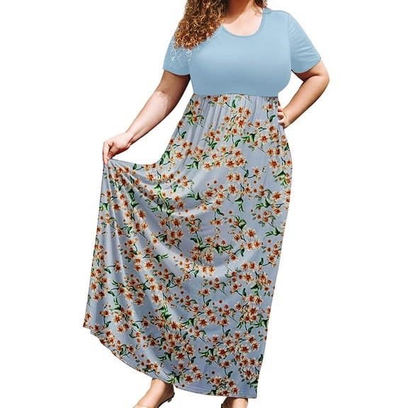 SHOWMALL Plus Size Summer Maxi Dress for Women Pastel Orange-White Floral 3X Short Sleeves Crewneck Casual Bohemian Beach Dress Full-Length Floral Long Sun Dresses with Pockets