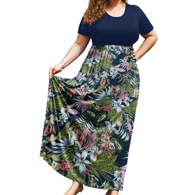 SHOWMALL Plus Size Summer Maxi Dress for Women Tropical Flavour 1X ...