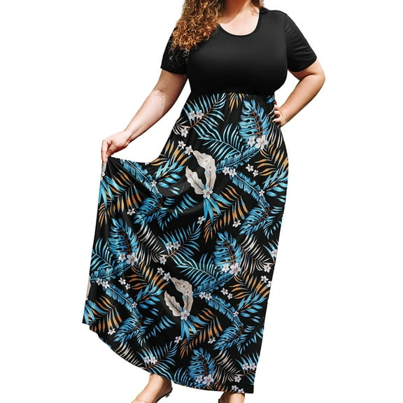 SHOWMALL Plus Size Summer Maxi Dress for Women Tropical Print 1X Short Sleeve Crewneck Casual Beach Bohemian Full-Length Long Sun Dresses with Pockets