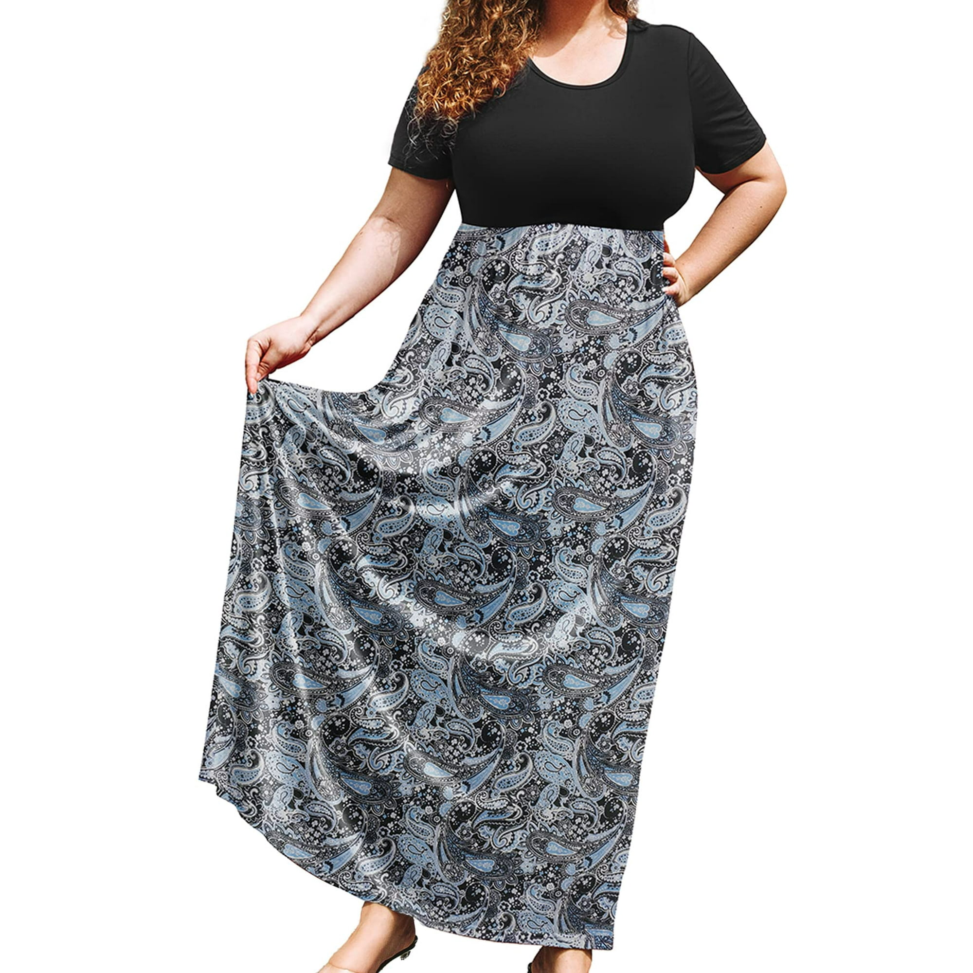 SHOWMALL Plus Size Summer Maxi for Women Grey Cashew 3X Short Sleeve Crewneck Casual Beach Bohemian Full-Length Long Sun Dresses Pockets - Walmart.com