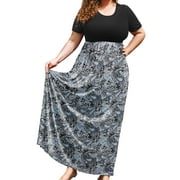 SHOWMALL Plus Size Summer Maxi Dress for Women Grey Cashew 3X Short Sleeve Crewneck Casual Beach Bohemian Full-Length Long Sun Dresses with Pockets