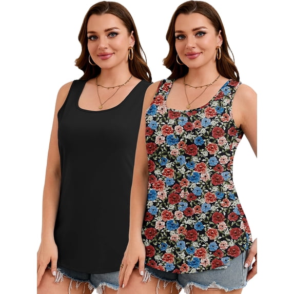 SHOWMALL Plus Size Tank Tops for Women 2 Pack, Trendy Floral Printed Loose Fit Sleeveless Shirts, Casual Dressy Tops -Black & Bold Retro Floral Black 2X