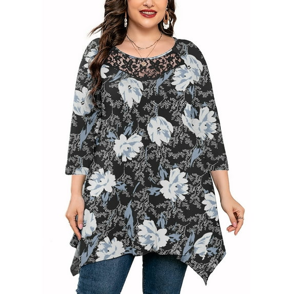 SHOWMALL Plus Size Top for Women 3/4 Sleeve Lily 2X Blouse Swing Tunic Clothing Lace Crewneck Maternity Loose Fitting Clothes