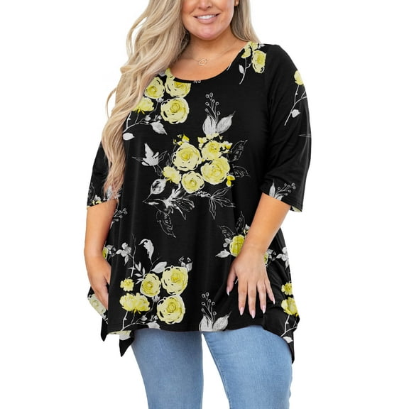SHOWMALL Plus Size Tops for Women Tunic 3/4 Sleeve Clothes Black Golden Floral 3X Blouse Swing Tunic Clothing Side Split Crewneck Flowy Shirt for Leggings