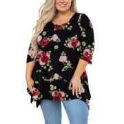 SHOWMALL Plus Size Women Top 3/4 Sleeve Clothes Purple Red 3X Blouse Swing Tunic Crewneck Loose Clothing Shirt for Leggings