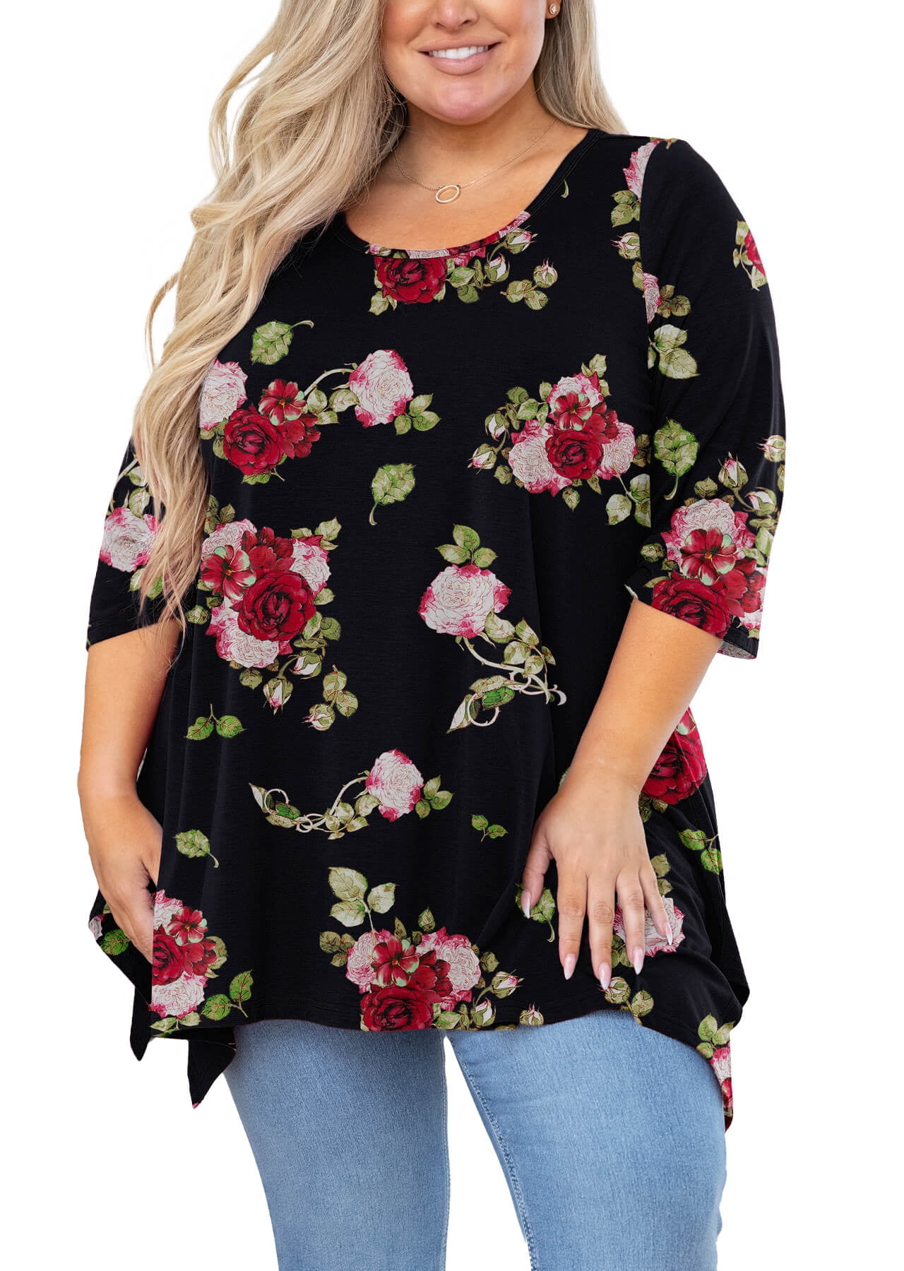SHOWMALL Plus Size Tops for Women Tunic 3/4 Sleeve Clothes Midnight Red ...