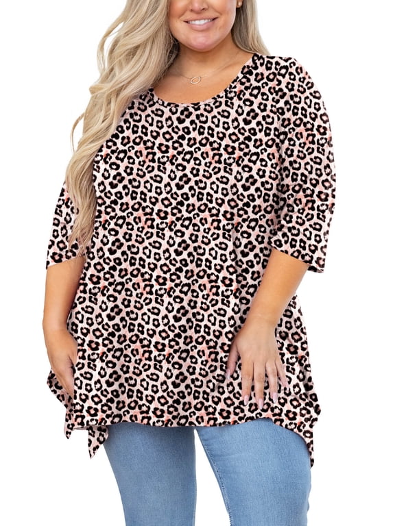 Plus Size Tops for Women Tunic 3/4 Sleeve Clothes Peach Pink Leopard 3X Blouse Swing Tunic Clothing Side Split Crewneck Flowy Shirt for Leggings