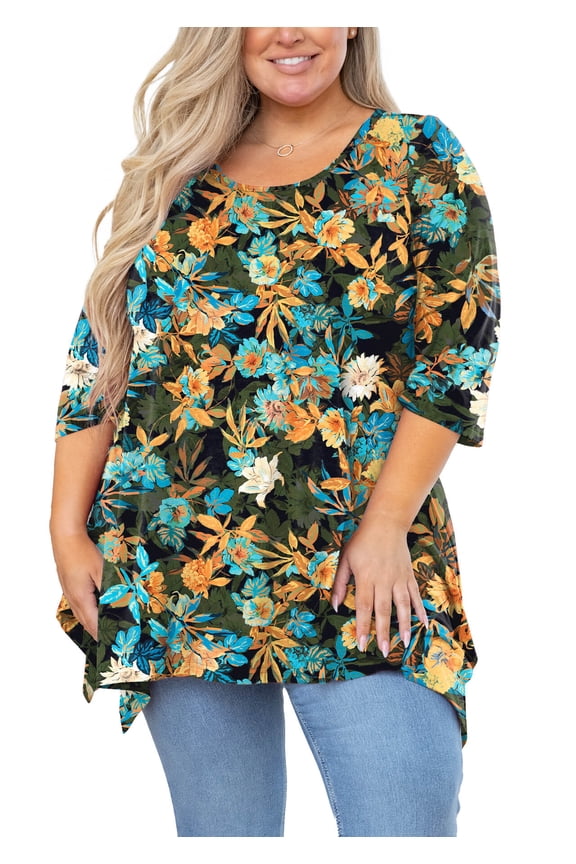 Plus Size Tops for Women Tunic 3/4 Sleeve Clothes Yellow Blue Floral 5X Blouse Swing Tunic Clothing Side Split Crewneck Flowy Shirt for Leggings