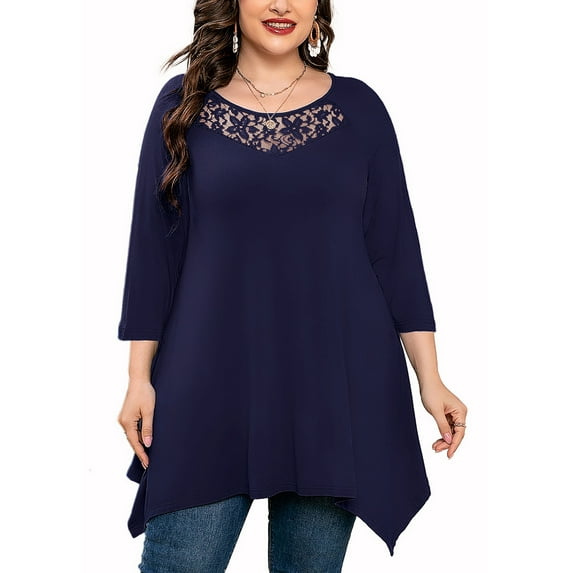 SHOWMALL Plus Size Tops for Women 3/4 Sleeve Navy Blue 5X Swing Tunic Lace Maternity Crewneck Blouse Loose T Shirt for Leggings