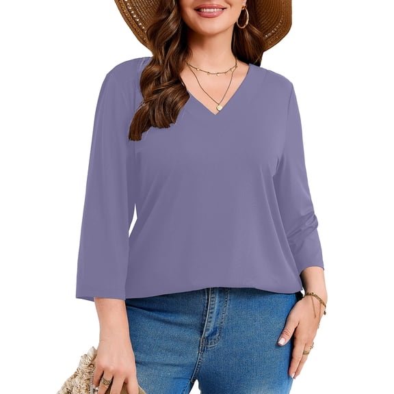 SHOWMALL Plus Size Tops for Women 3/4 Sleeve V Neck Tunic Tops Dressy Casual Blouses Shirts Purple Gray 3X