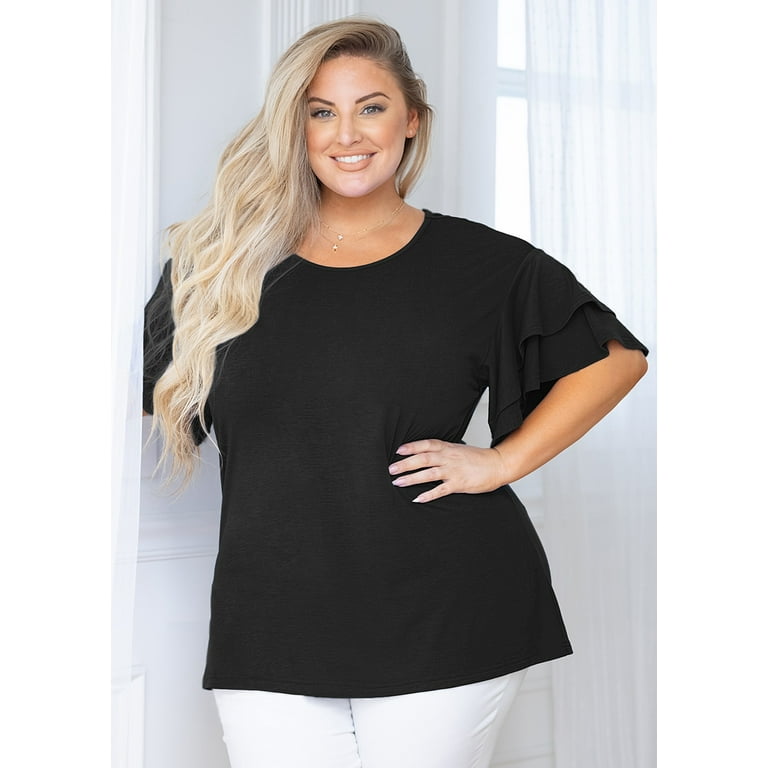 SHOWMALL Plus Size Tops for Women Black 1X Shirt Crewneck Short Sleeve  Tunic Flowy Summer Loose Fitting Clothes