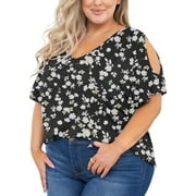 SHOWMALL Plus Size Tops for Women Cold Shoulder Clothes Black Jasmine 2X Blouse Short Sleeve Clothing V Neck Tunic Summer Shirts