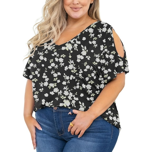 SHOWMALL Plus Size Tops for Women Cold Shoulder Clothes Black Jasmine 3X Blouse Short Sleeve Clothing V Neck Tunic Summer Shirts