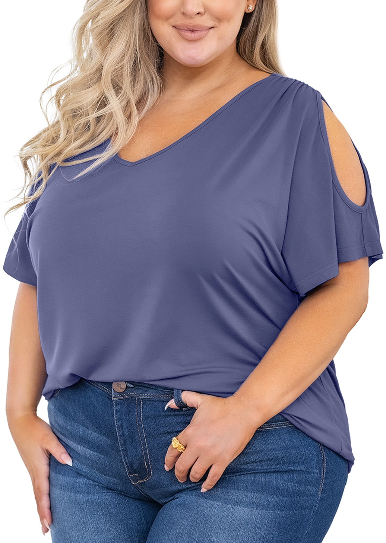 SHOWMALL Plus Size Tops for Women Cold Shoulder Clothes Gray Blue 1X Blouse  Short Sleeve Clothing V Neck Tunic Summer Shirts