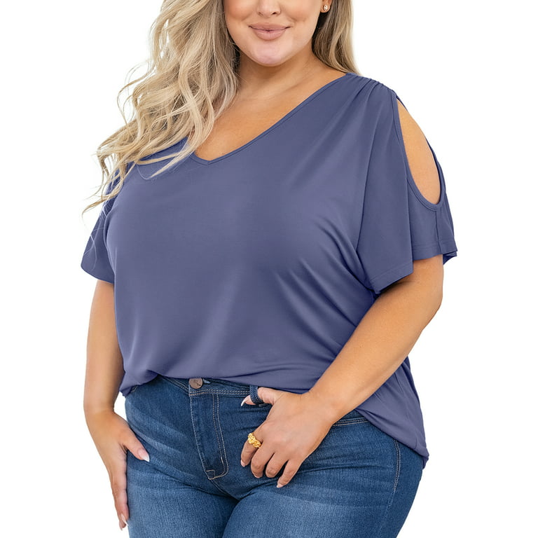 SHOWMALL Plus Size Tops for Women Cold Shoulder Clothes Gray Blue 1X Blouse  Short Sleeve Clothing V Neck Tunic Summer Shirts 
