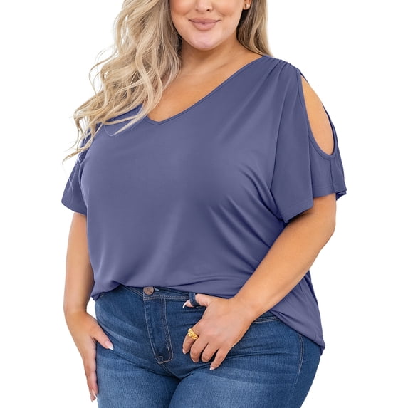 SHOWMALL Plus Size Tops for Women Cold Shoulder Clothes Gray Blue 2X Blouse Short Sleeve Clothing V Neck Tunic Summer Shirts